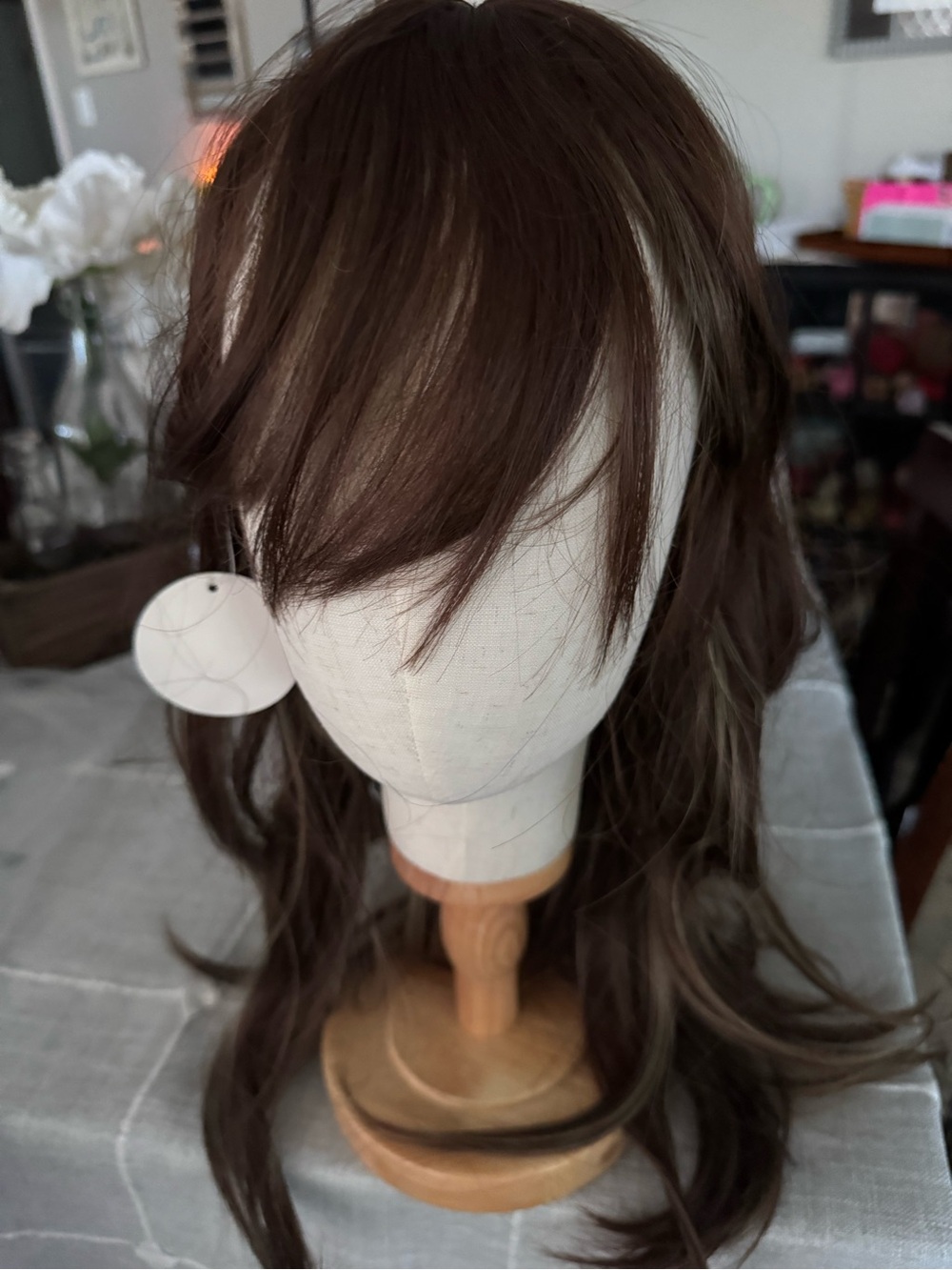 Natural Long Brown Women's Synthetic Wig with Side Bangs